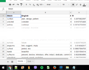 Screenshot of the Words tab of a spreadsheet as described, with the middle cropped out so top and bottom fit in a reasonable-sized image.